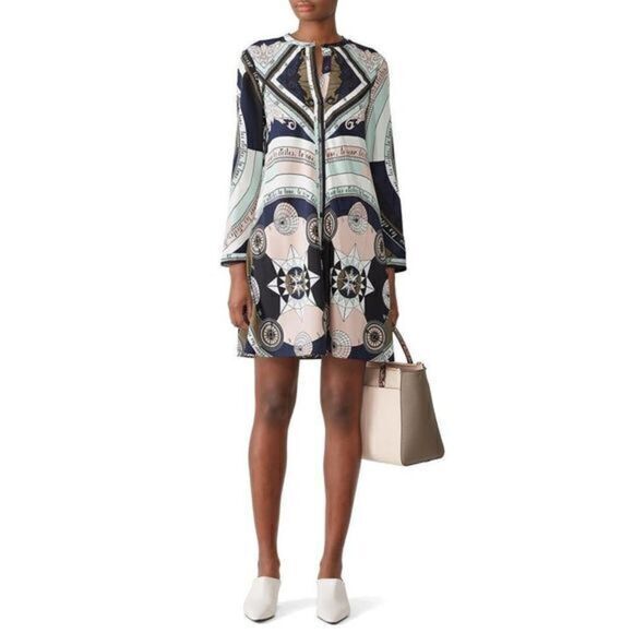 Tory Burch Navy Printed 100% Silk Constellation Shirt Mini Dress Us 4